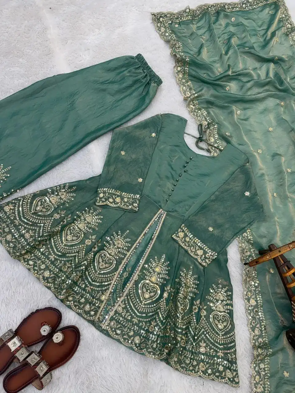 Green Fendy Silk Real Mirror Embroidery Sequence Work Salwar Set